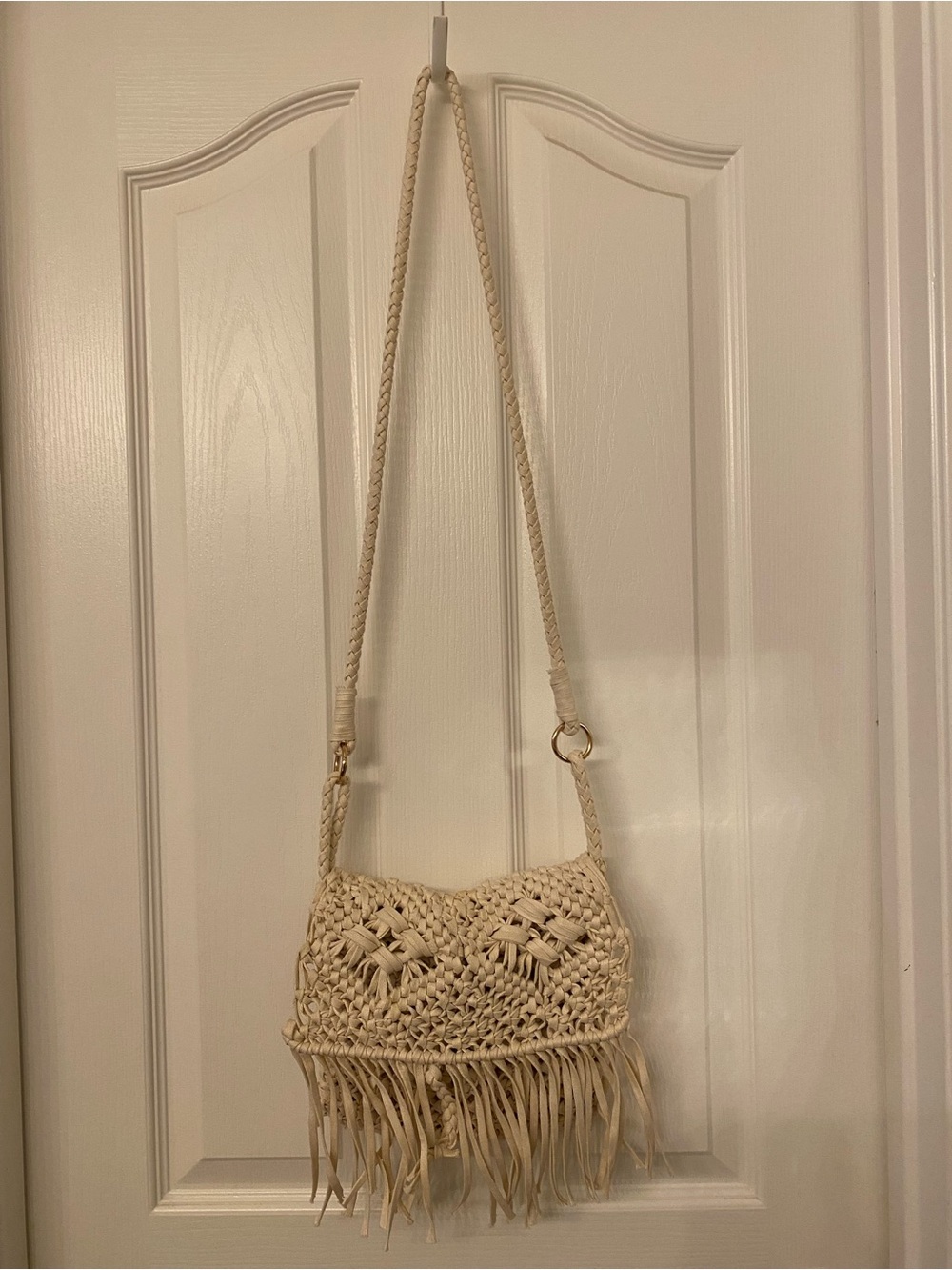 Woven Fringe Crossbody Bag in Beige